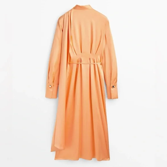 Massimo Dutti Studio Satin Orange Maxi Dress Tie Belt Neck M/L Limited Edition - Picture 11 of 17